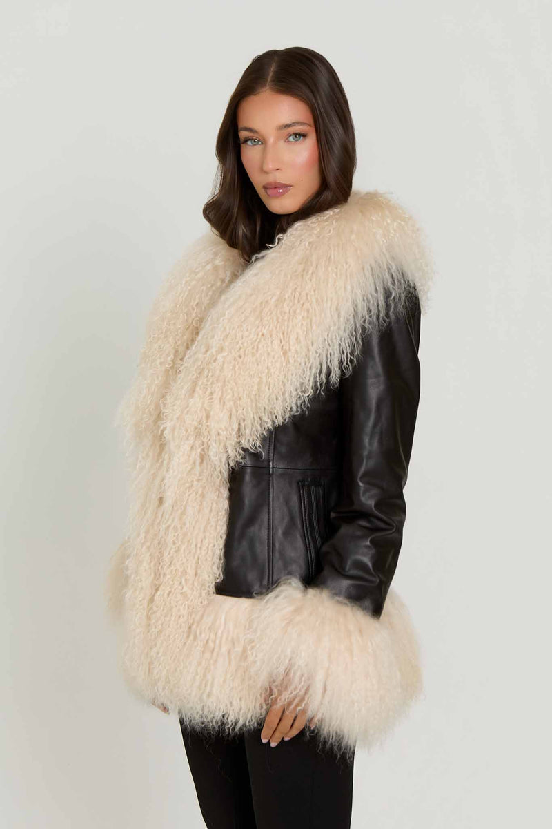 Arianna Leather Coat with Mongolian Fur Detail