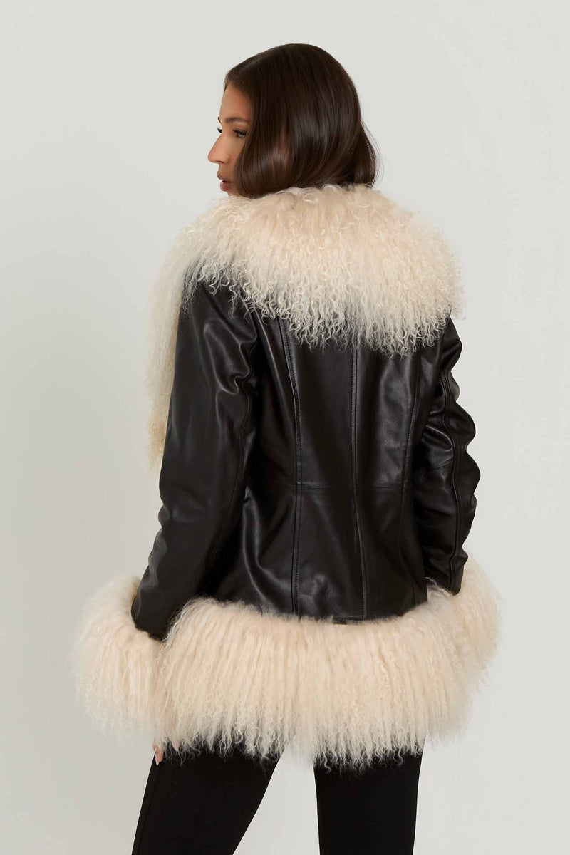 Arianna Leather Coat with Mongolian Fur Detail