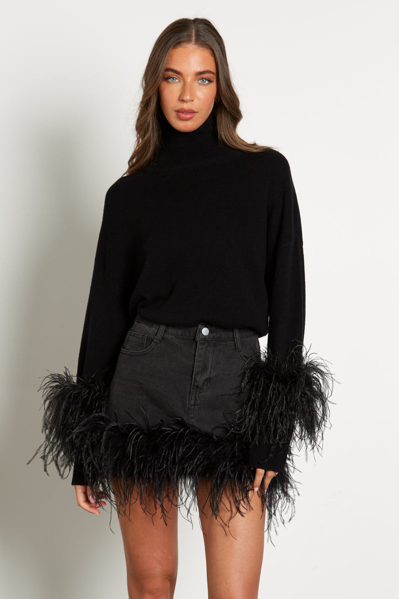 Denim Skirt with Feather Trim