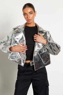 Kara Oversized Metallic Leather Jacket