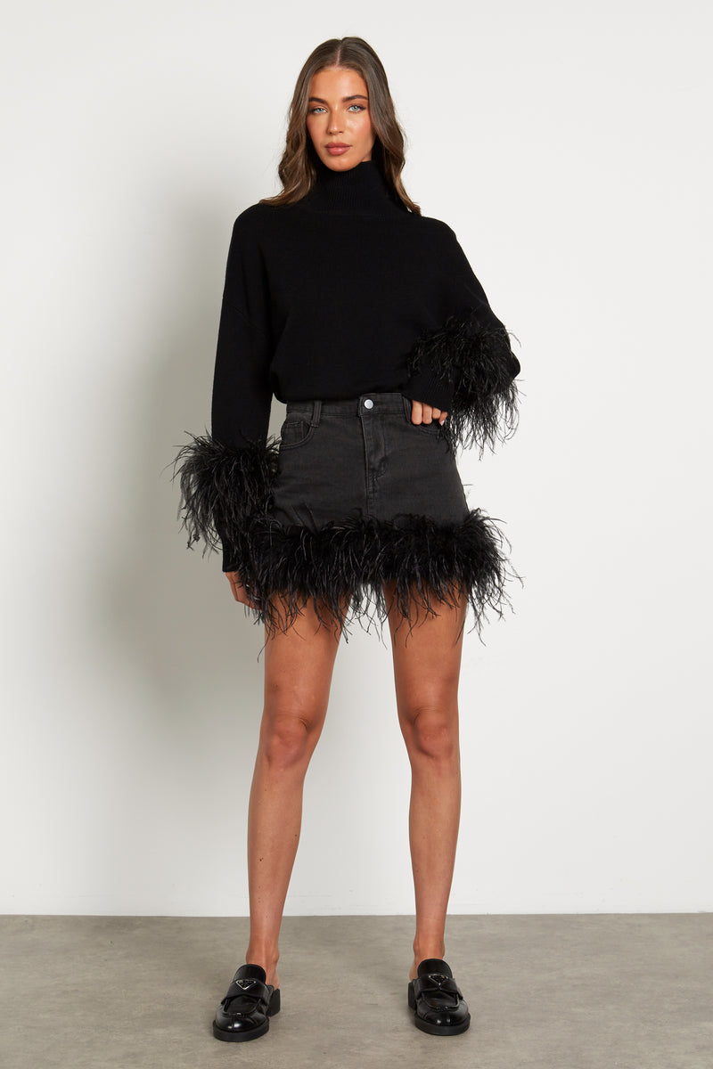 Denim Skirt with Feather Trim
