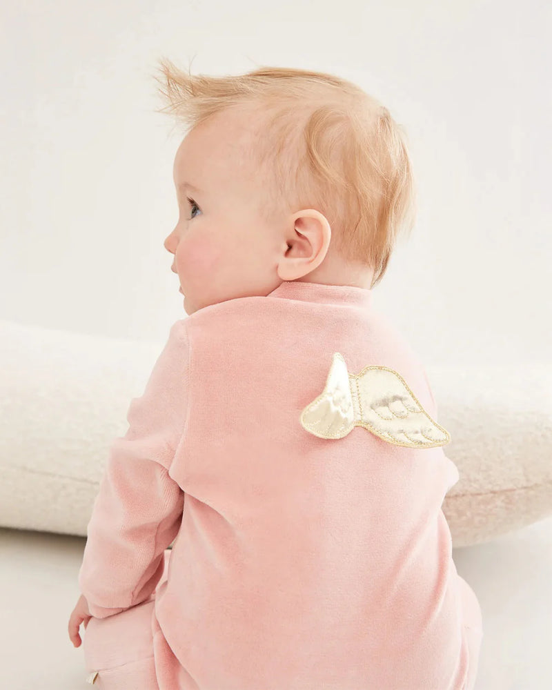 Angel Wing Gold Velour Sleepsuit in Dusty Pink