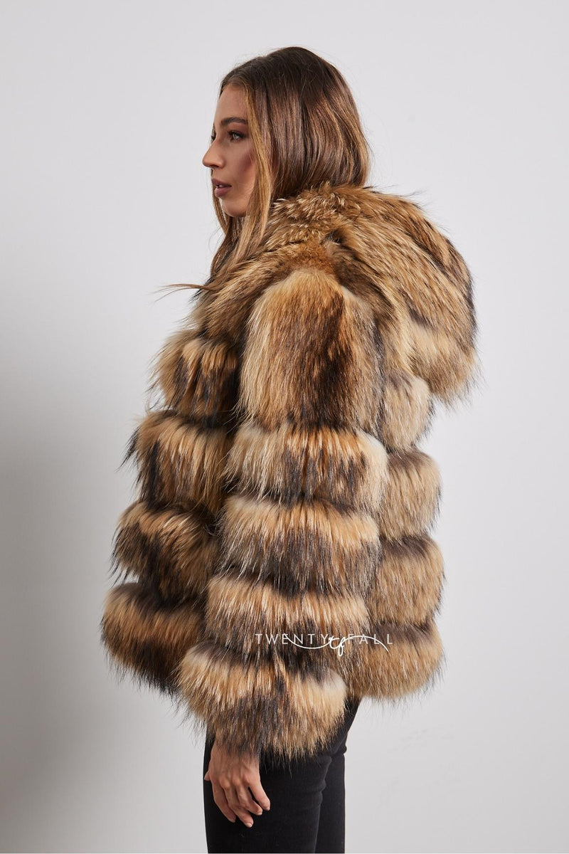 Natural Raccoon Fur 5 Ring Coat with Hood