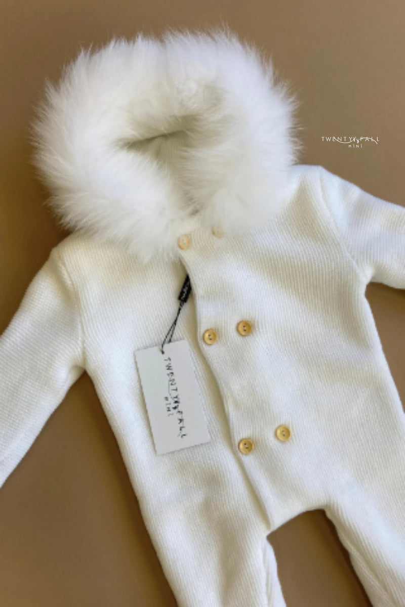 Knitted Pramsuit with Fox Fur Trim