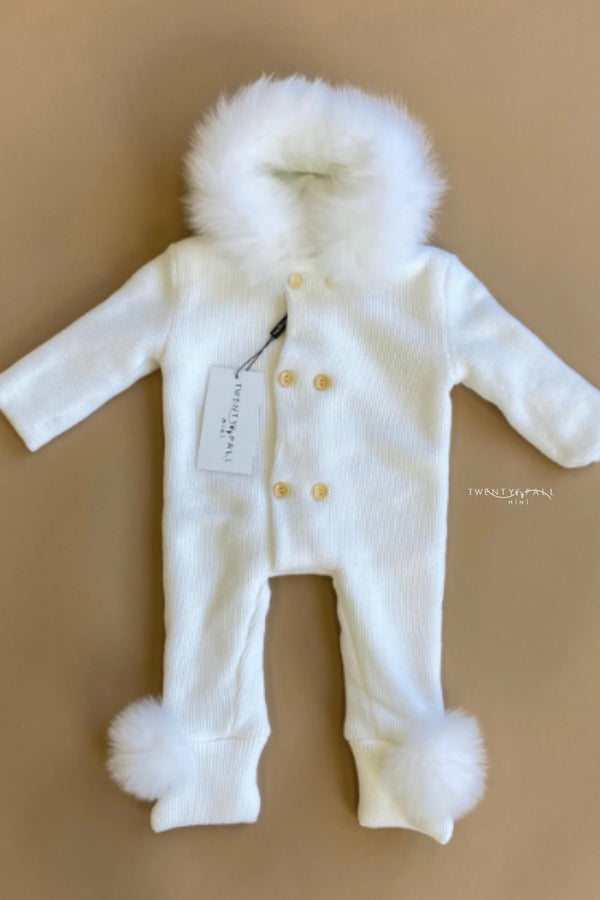 Knitted Pramsuit with Fox Fur Trim