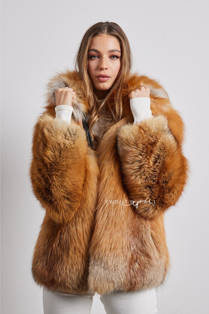 Red Fox Fur Full Pelt Coat with Hood