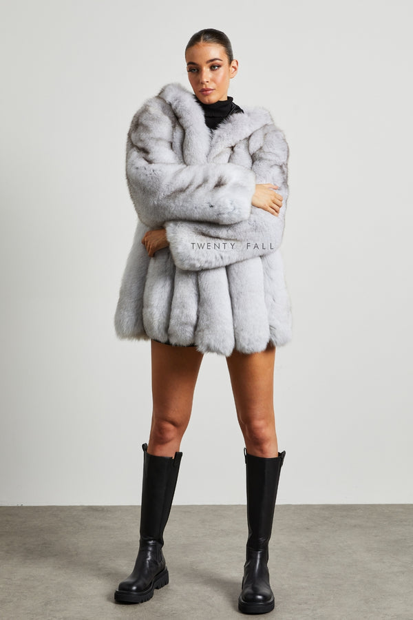 Natural Fox Fur Coat with Full Pelt Fur Sleeves and Hood