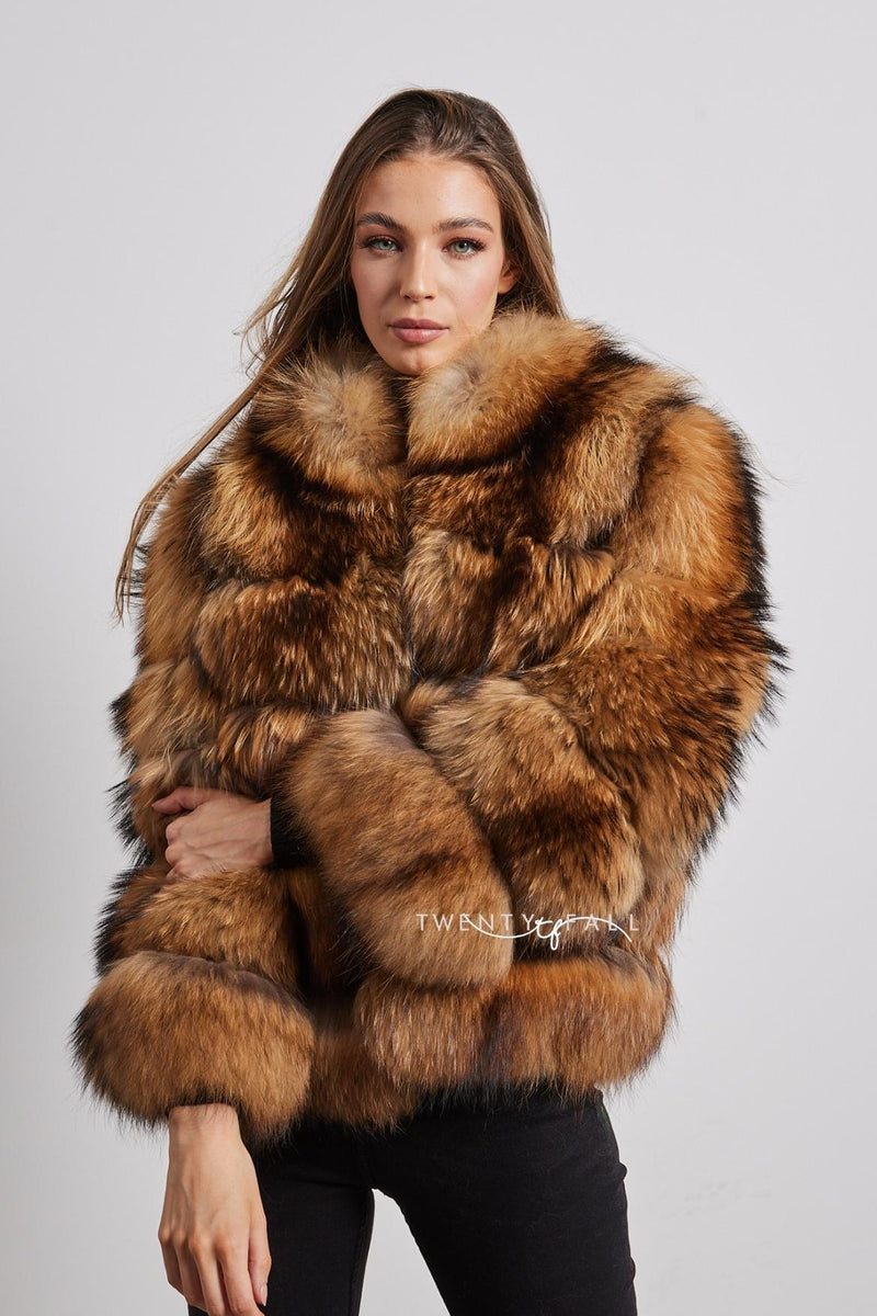 Natural Raccoon Fur 5 Ring Coat with Collar