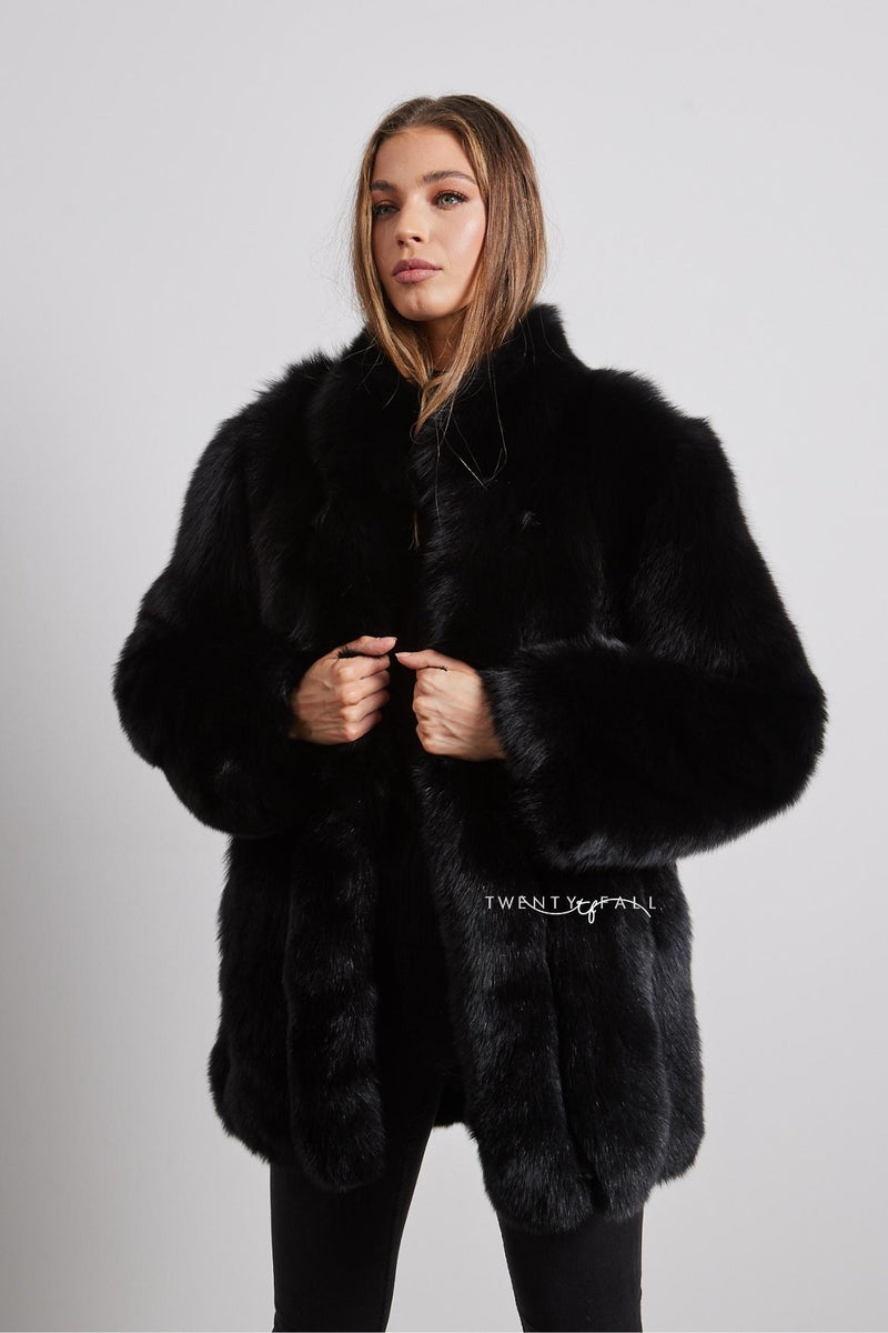 Black Fox Fur Coat with Full Pelt Fur Sleeves and Collar