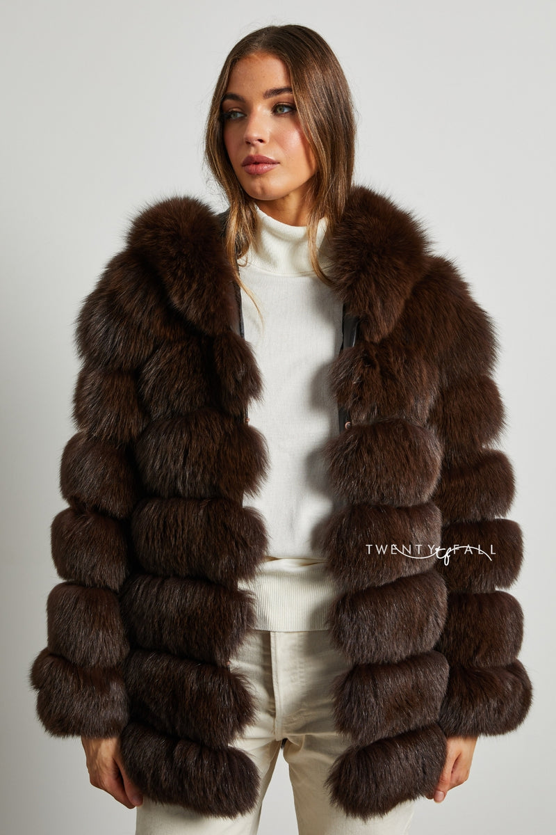 7 Ring Chocolate Fox Fur Coat with Hood