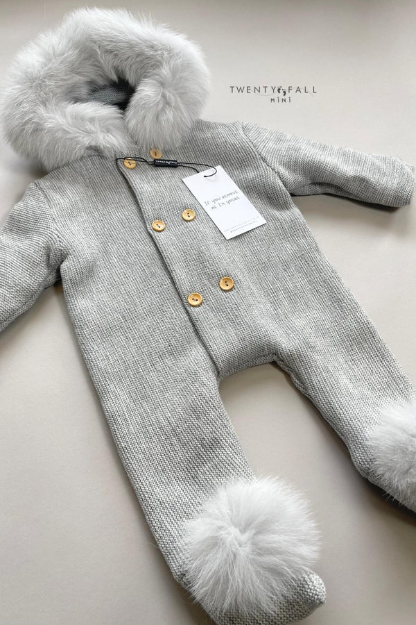 Knitted Pramsuit with Fox Fur Trim