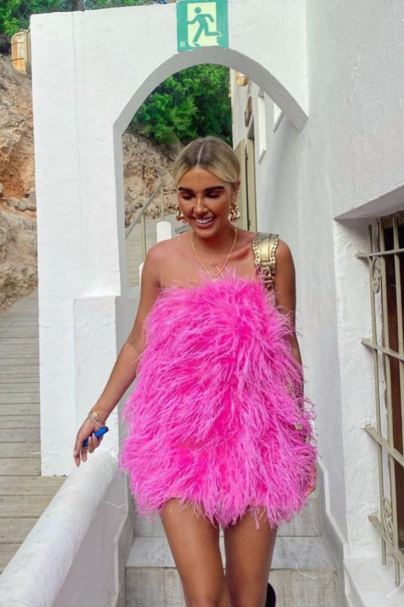 Pink feather dress best sale
