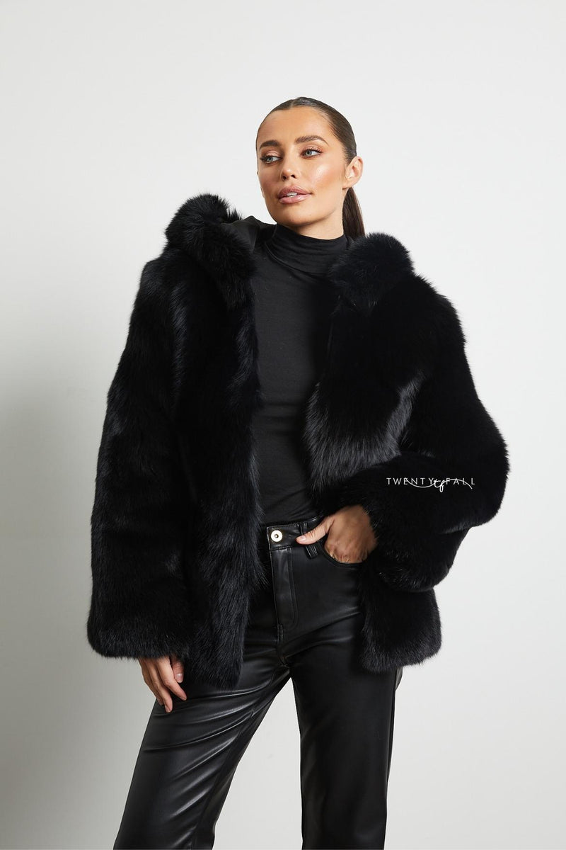 Black Fox Fur Coat with Full Pelt Fur Sleeves and Hood