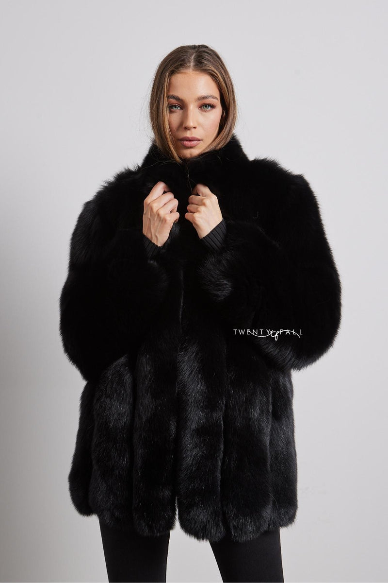 Black Fox Fur Coat with Full Pelt Fur Sleeves and Collar