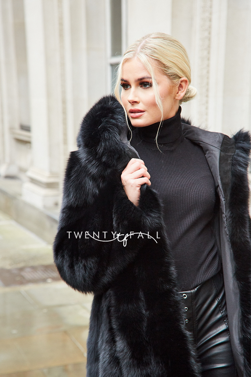 Black Fox Fur Coat with Full Pelt Fur Sleeves and Hood TwentyFall