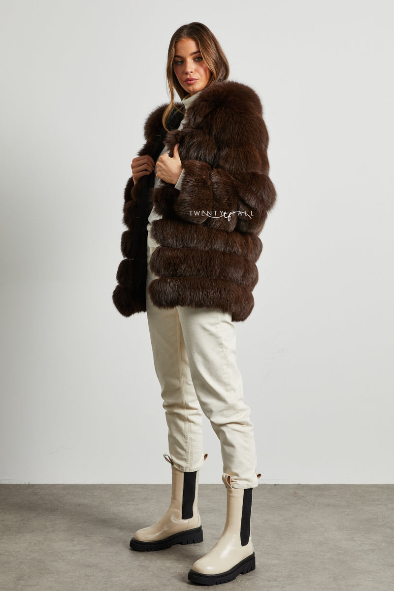 7 Ring Chocolate Fox Fur Coat with Hood