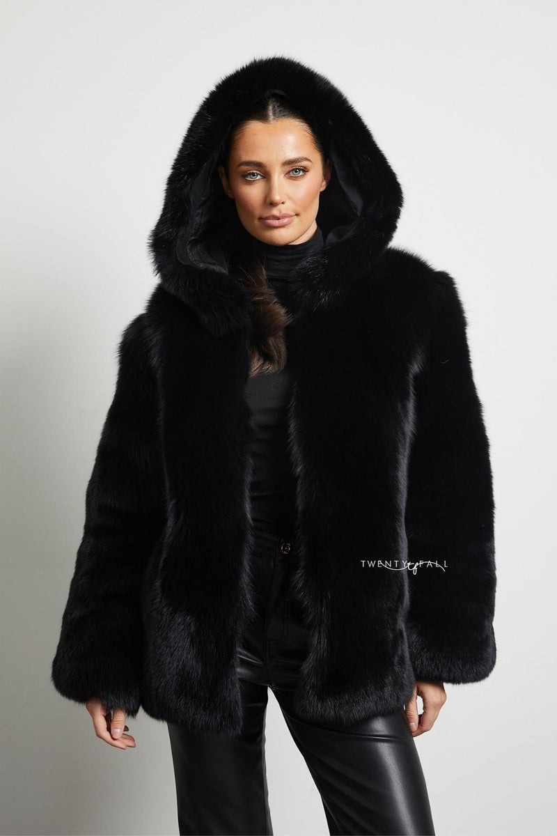 Black Fox Fur Coat with Full Pelt Fur Sleeves and Hood