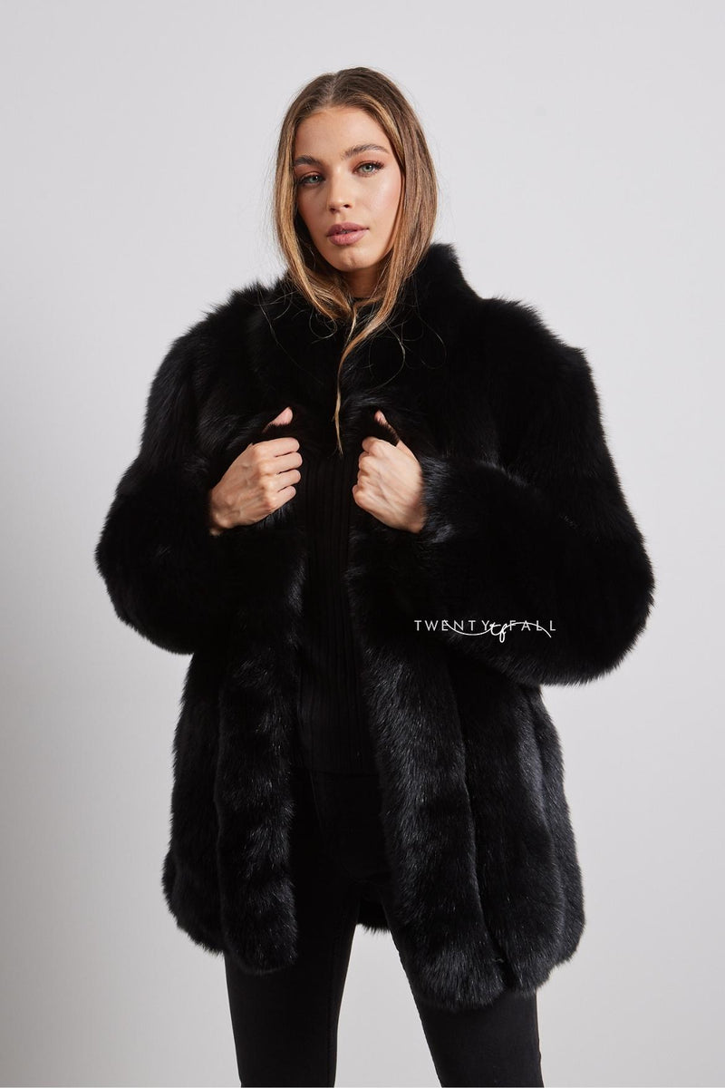 Black Fox Fur Coat with Full Pelt Fur Sleeves and Collar