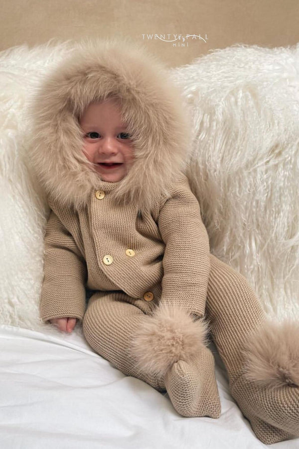 Knitted Pramsuit with Fox Fur Trim