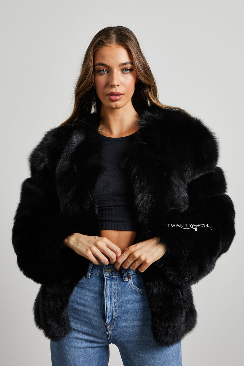 Black Cropped Fox Fur Coat