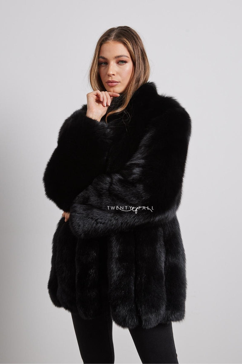 Black Fox Fur Coat with Full Pelt Fur Sleeves and Collar