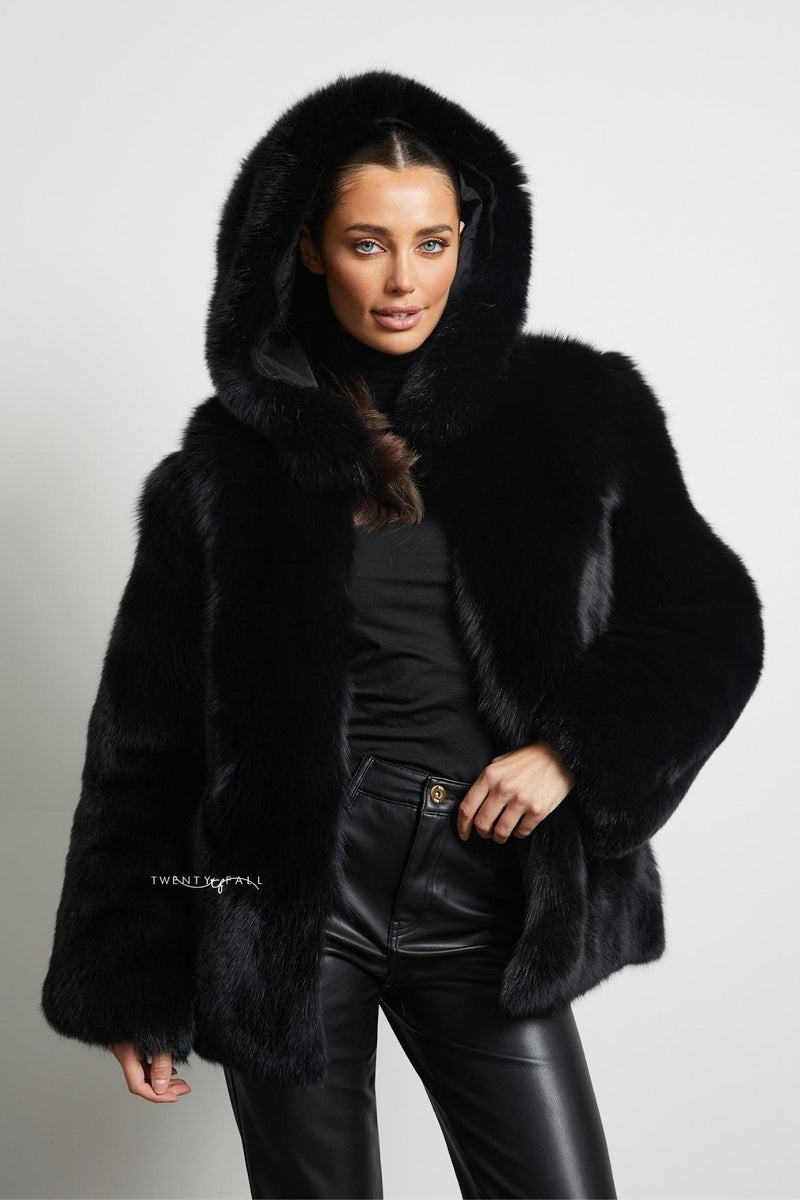 Black Fox Fur Coat with Full Pelt Fur Sleeves and Hood