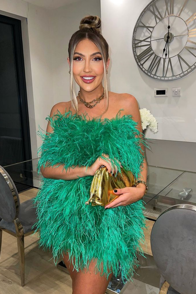 Green dress with feathers clearance