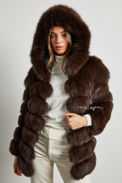 7 Ring Chocolate Fox Fur Coat with Hood – TwentyFall