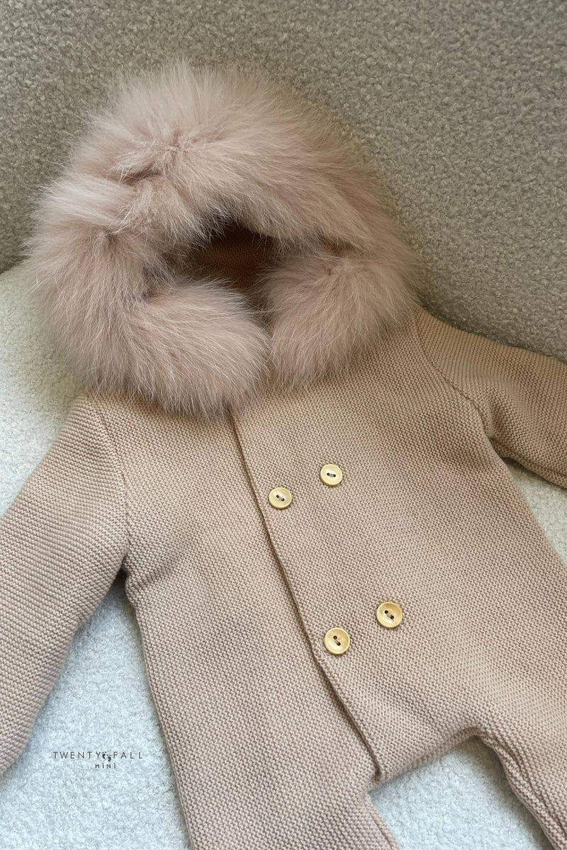 Knitted Pramsuit with Fox Fur Trim