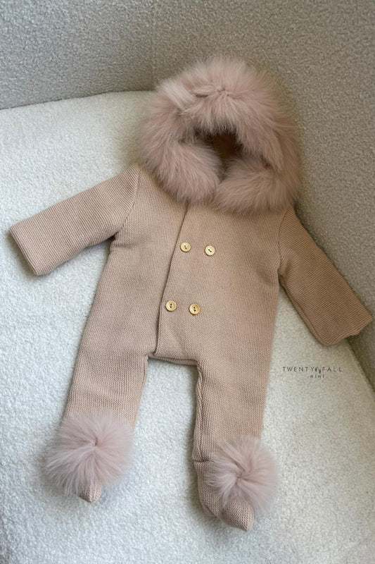 Knitted Pramsuit with Fox Fur Trim