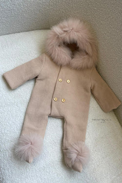 Knitted Pramsuit with Fox Fur Trim