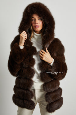 7 Ring Chocolate Fox Fur Coat with Hood