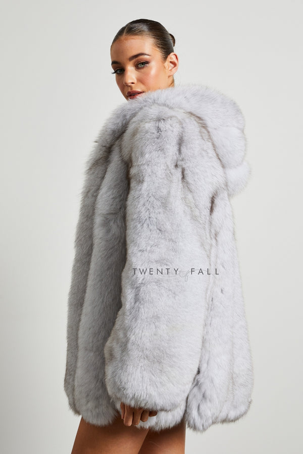 Natural Fox Fur Coat with Full Pelt Fur Sleeves and Hood