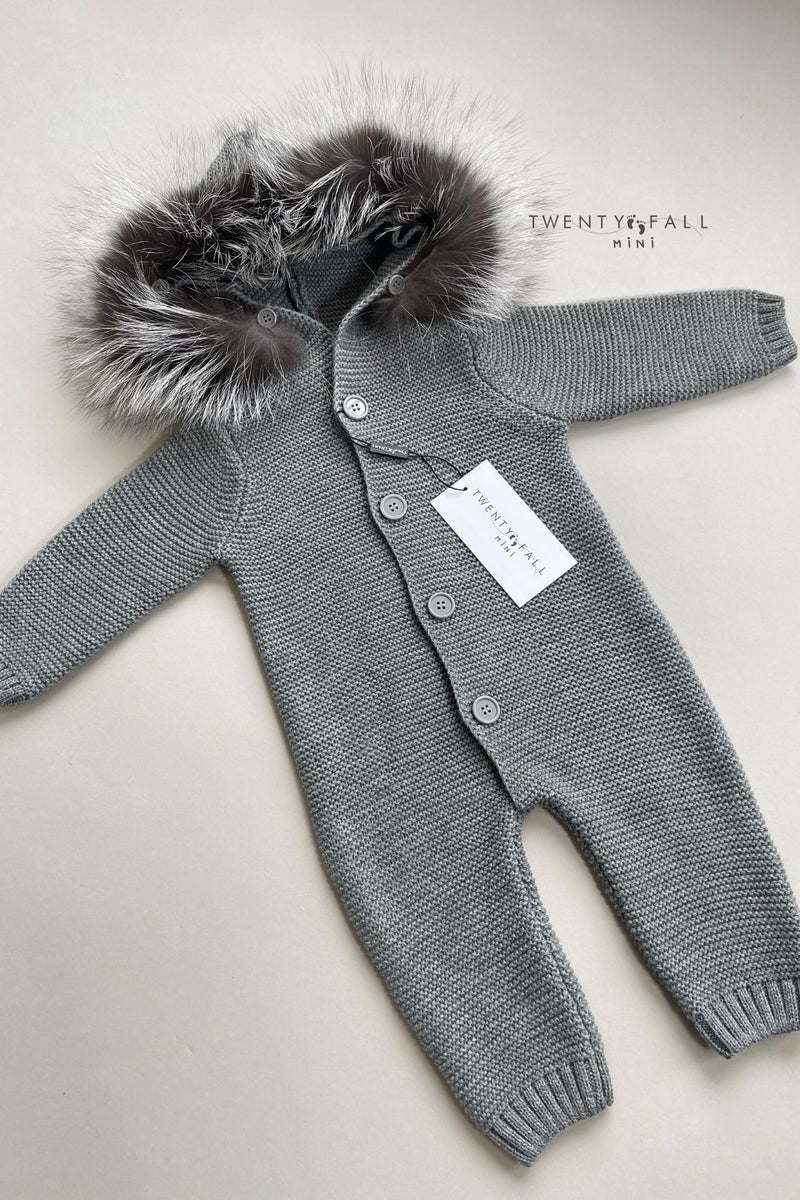 Harlow Knitted Pramsuit with Silver Fox Fur Trim