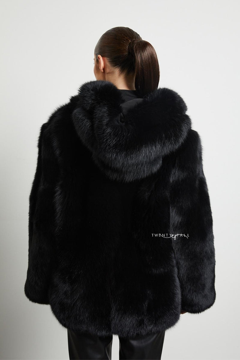 Black Fox Fur Coat with Full Pelt Fur Sleeves and Hood