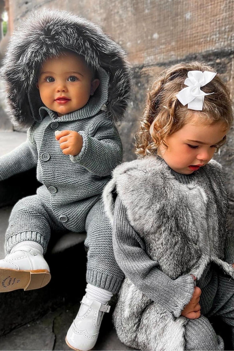 Harlow Knitted Pramsuit with Silver Fox Fur Trim