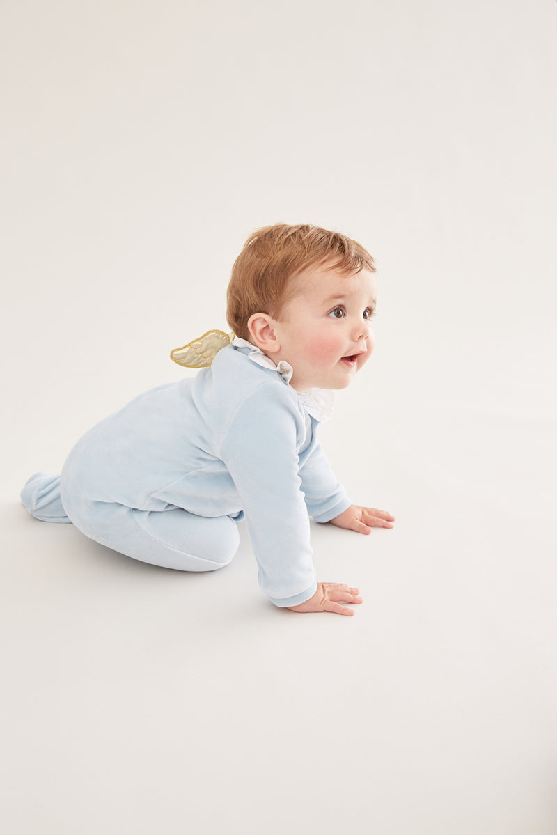 Angel Wing Gold Velour Sleepsuit in Dusty Blue