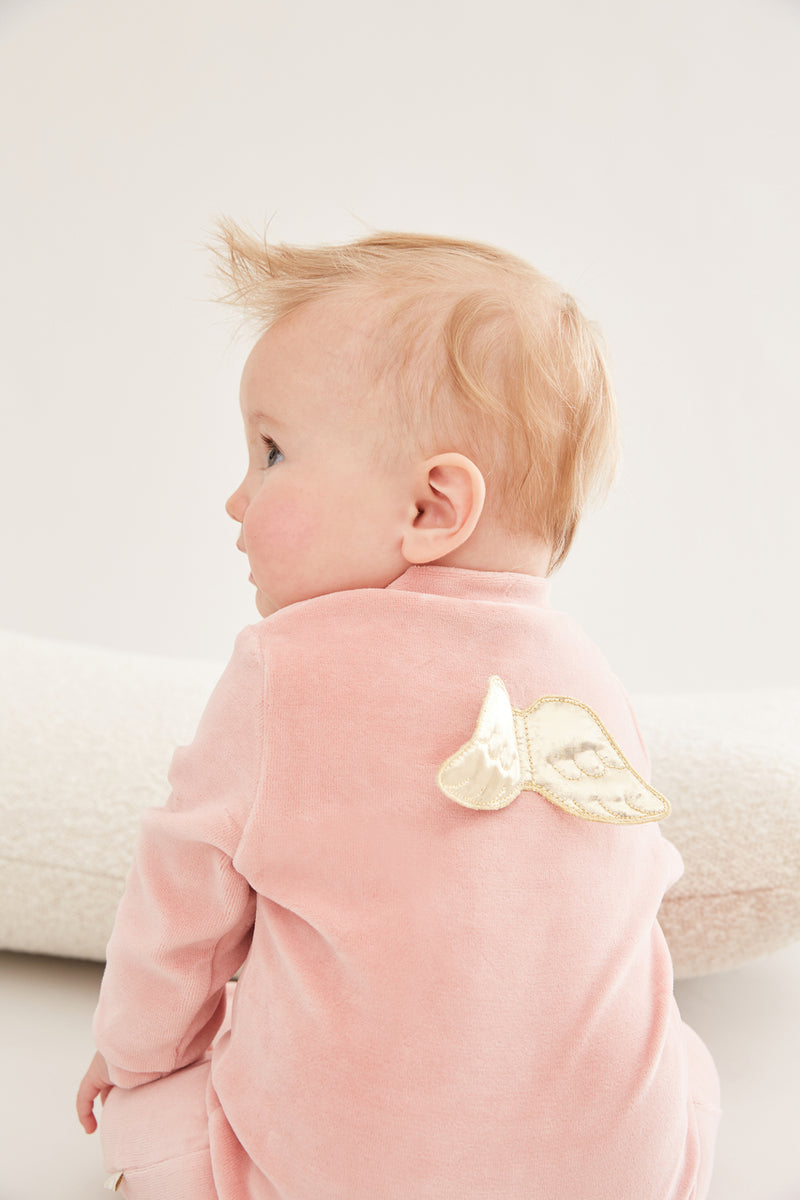 Angel Wing Gold Velour Sleepsuit in Dusty Pink