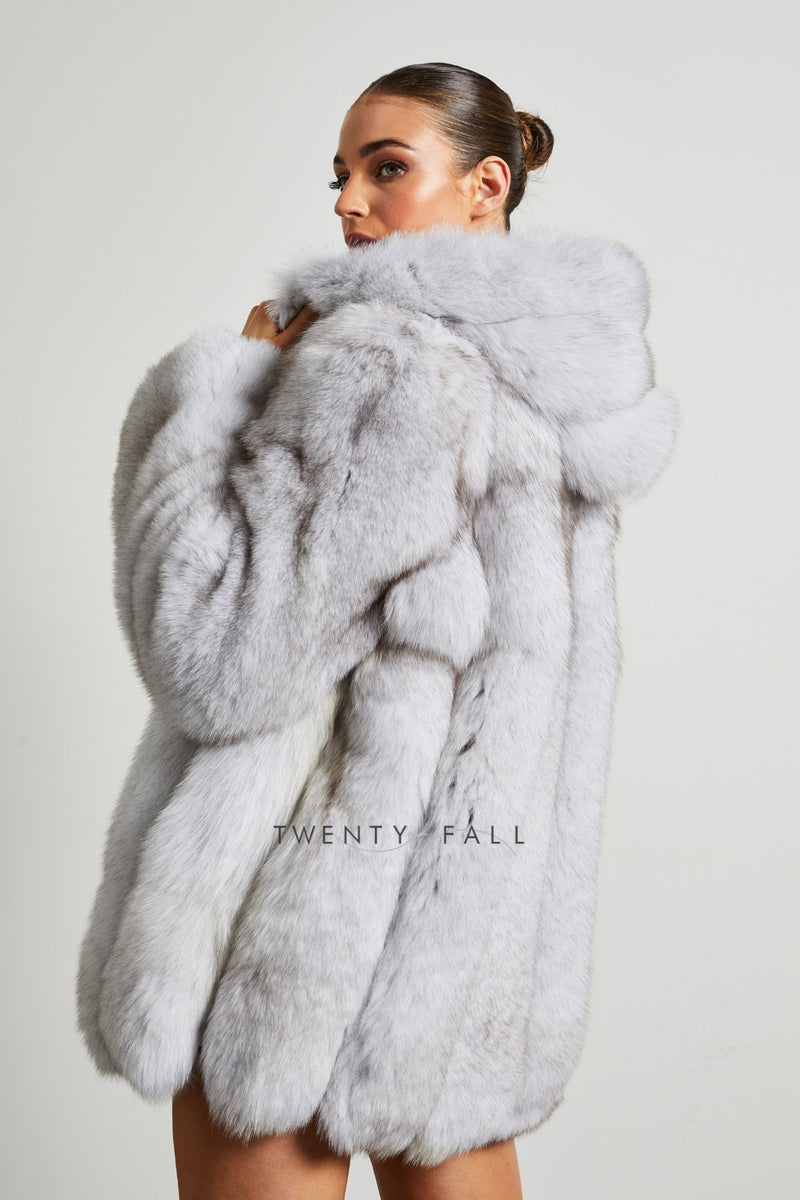Natural Fox Fur Coat with Full Pelt Fur Sleeves and Hood