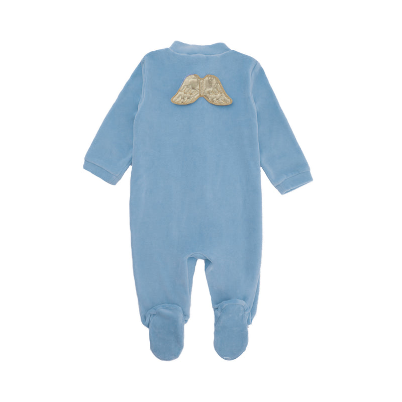 Angel Wing Gold Velour Sleepsuit in Dusty Blue